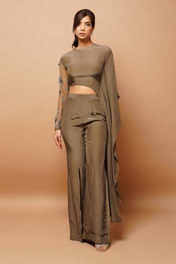 Ahi Clothing Asymmetric Embroidered Sleeve Top & Bell Bottoms Pant Set 