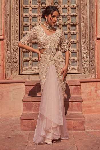 NIDHIKA SHEKHAR Natyanjali Embroidered Pre-Draped Ruffle Saree With Blouse 