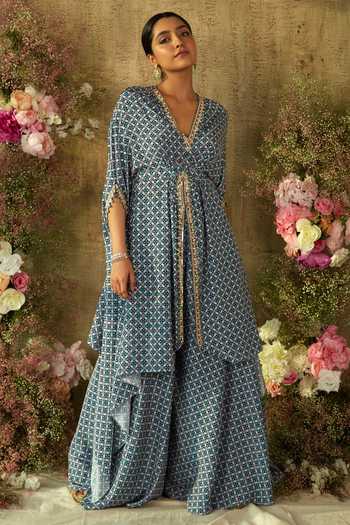 Ria Shah Label Geometric Print Gathered Kaftan With Flared Pant 