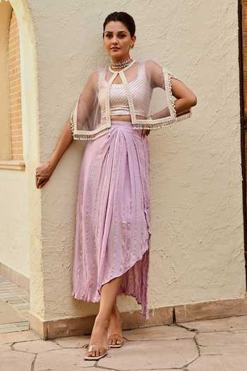 Palak & Mehak Freya Stripe Pattern Skirt Set With Cape 