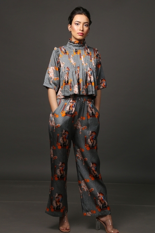 Ekastories Majestic Cat Pleated Crop Top & Pant Set