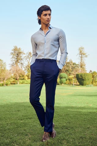 white shirt and blue trouser combination