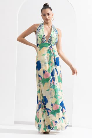 Mandira Wirk Leaf Print Halter Neck Gown 