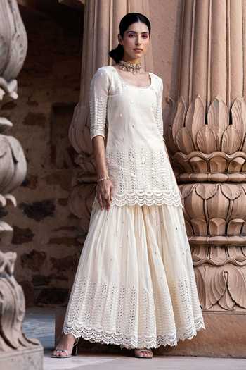 Preevin White Thread Mirror Embroidered Kurta Set 