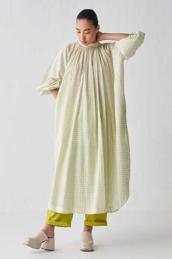 Three Lime Checkered Tunic & Narrow Pant Set 