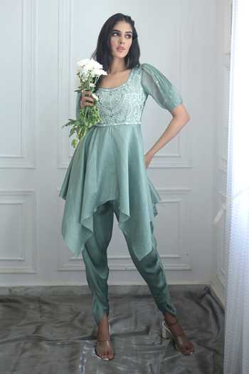 PIRI INDIA Hand Embroidered Peplum Top & Dhoti Pant Set 