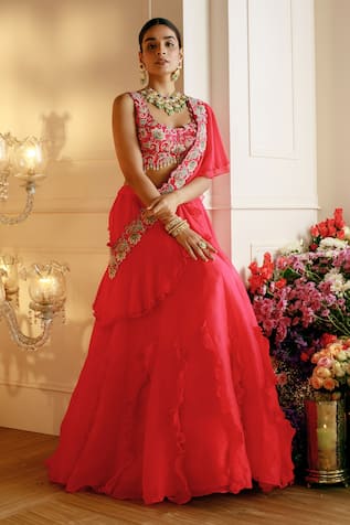 Nehha Nhata Ruffle Lehenga Set With Embroidered Sash 