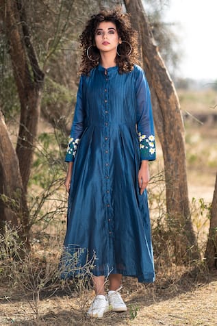 The Home Affair Pintucked Chanderi Embroidered Dress 