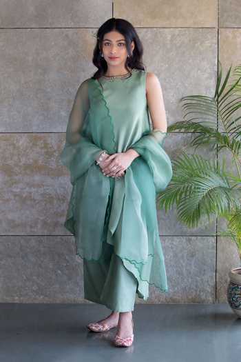 Cupid Cotton Asymmetric Hem Chanderi Silk Kurta Pant Set 