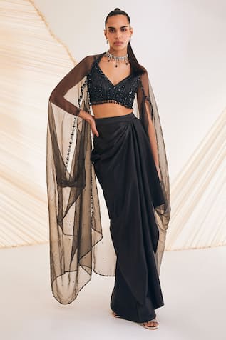 Viven Hand Embroidered Crystal Cape Skirt Set 