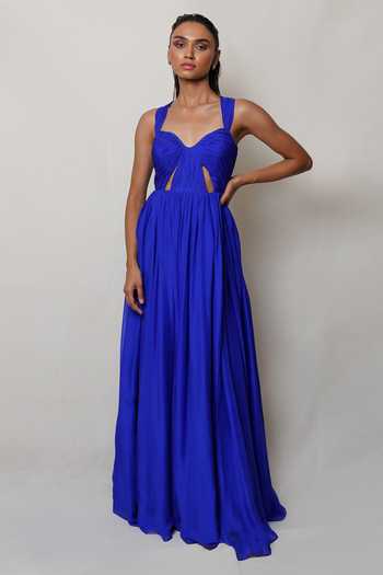 Pinup By Astha Blue Sweetheart Neckline Front Slit Gown 