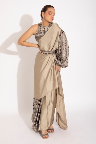 Studio Surbhi Pre-Stitched Abstract Pattern Saree With Cutdana Embellished Blouse