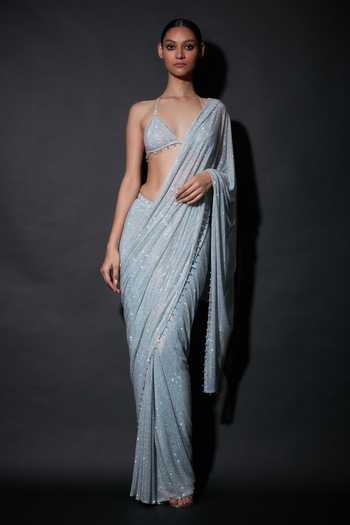 Itrh Silver Embellished Pre-Draped Saree & Blouse 
