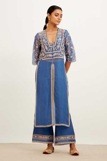 Devnaagri Chanderi Front Slit Kurta And Palazzo Set 