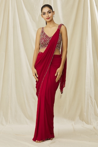 ARPAN VOHRA Sequin Jaal Embellished Blouse With Pre Draped Saree