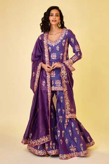 Shyam Narayan Prasad Flower Embroidered Kurta Sharara Set 