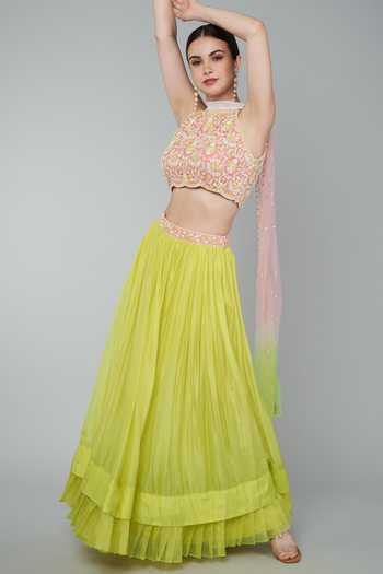 KEITH GOMES Floral Sequin Embellished Crop Top & Skirt Set 