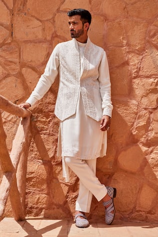 Sarab Khanijou Silk Pearl Embroidered Bundi Kurta Set 