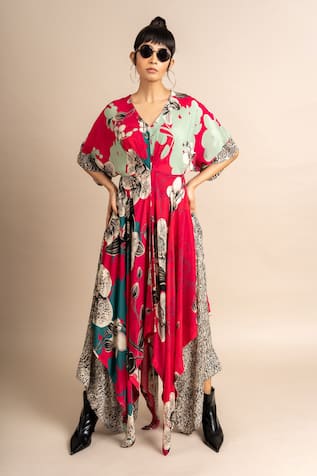 Printed Kaftan & Draped Stripe Print Pant Set 