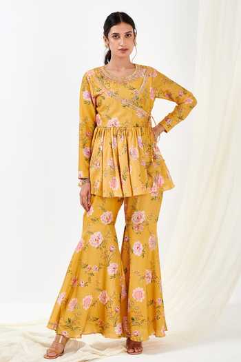 Label Flamingo By Vrinda Rose Print Angarkha Top With Pant 