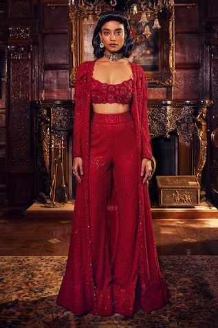 Ridhima Bhasin Mehram 3D Floral Embroidered Jacket & Bell Bottom Pant Set 