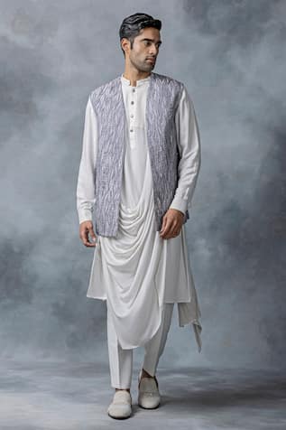 Sarab Khanijou Pearl Work Waist Coat With White Kurta Set 