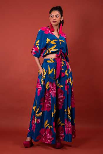 Rimi Nayak Chrysanthemum Flower Print Box Pleated Trouser 