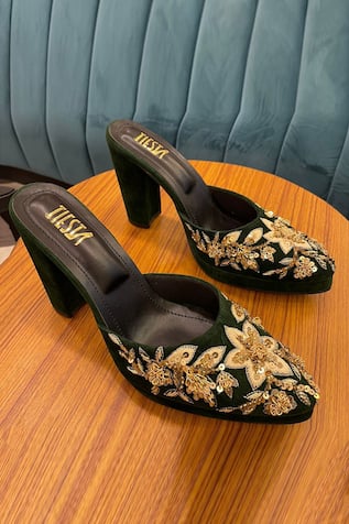 Tiesta Sabah Velvet Embellished Block Heels 