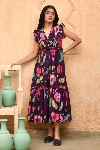 Taro Foliage Print Midi Dress 