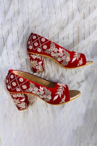 Embroidered Red Velvet Block Heels 