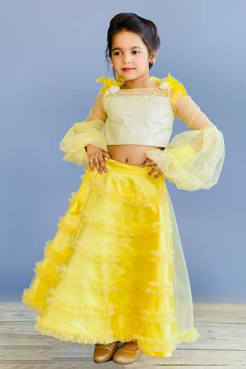 Pinkcow designs pvt ltd Feather Embellished Top & Frill Lehenga Set 