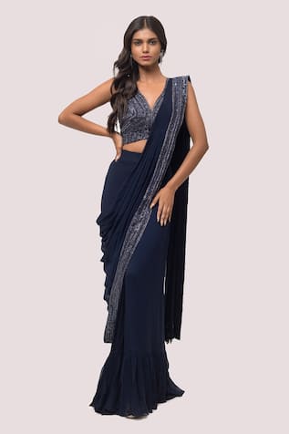 Onaya Embellished Navy Blue Pre-Draped Saree Set 