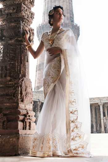 Tisha Saksena Embroidered Border Handloom Organza Saree With Blouse 