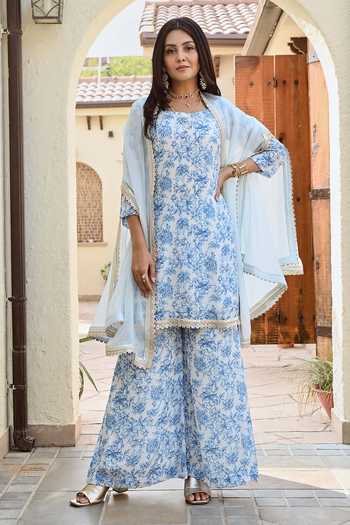 Palak & Mehak Ivory Printed Kurta Set With Sheer Cape 
