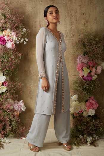 Ria Shah Label Crystal Embellished Slit Kurta With Pant 