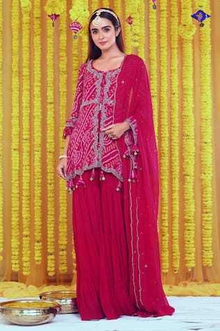 Bharat Adiani Hand Embroidered Peplum Kurta Sharara Set 