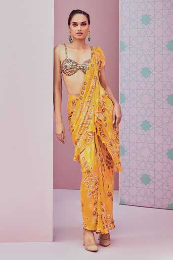 Krisha Sunny Ramani Jhumka Pattern Pre Draped Saree With Embellished Blouse 