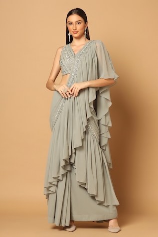 Two Sisters By Gyans Pre-Draped Ruffle Saree With Unstiched Blouse Fabric