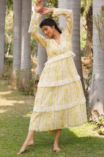 Dhaari Floral Stripe Pattern Tiered Dress 