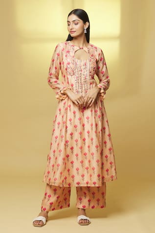 Chanderi Blooming Flower Print Kurta With Pant For Kids