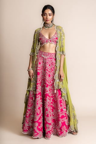 Nupur Kanoi Asymmetric Hem Cape & Mirror Work Lehenga Set 