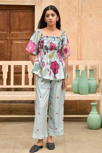 Taro Vivid Sky Chanderi Silk Floral Print Top 