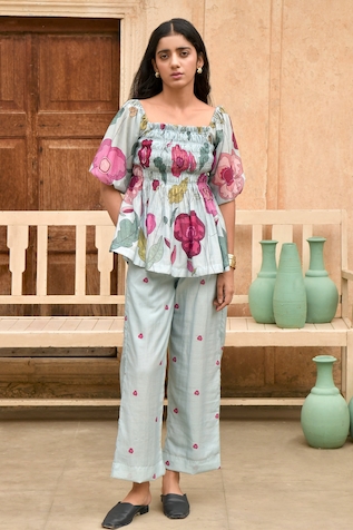 Taro Vivid Sky Chanderi Silk Floral Print Top