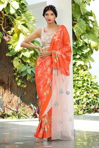 Tarini Vij Toucan Print Stitched Saree With Embroidered Blouse 