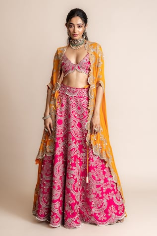 Nupur Kanoi Border Embroidered Cape & Contrast Lehenga Set 