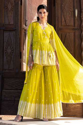 Preevin Leaf Pattern Peplum Angrakha Sharara Set 