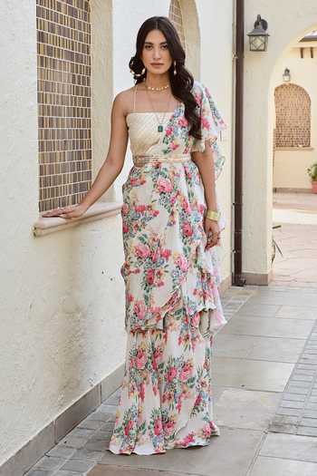Palak & Mehak Ishna Printed Ruffle Pre-Draped Saree With Blouse 