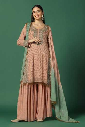 Two Sisters By Gyans Scallop & Floral Embroidered Kurta Sharara Set 