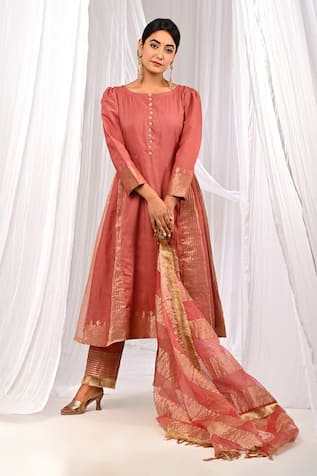 The Home Affair Pure Chanderi Striped Pattern A-Line Kurta Set 