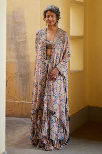 Mrunalini Rao Floral Print Cape & Ruffle Skirt Set 